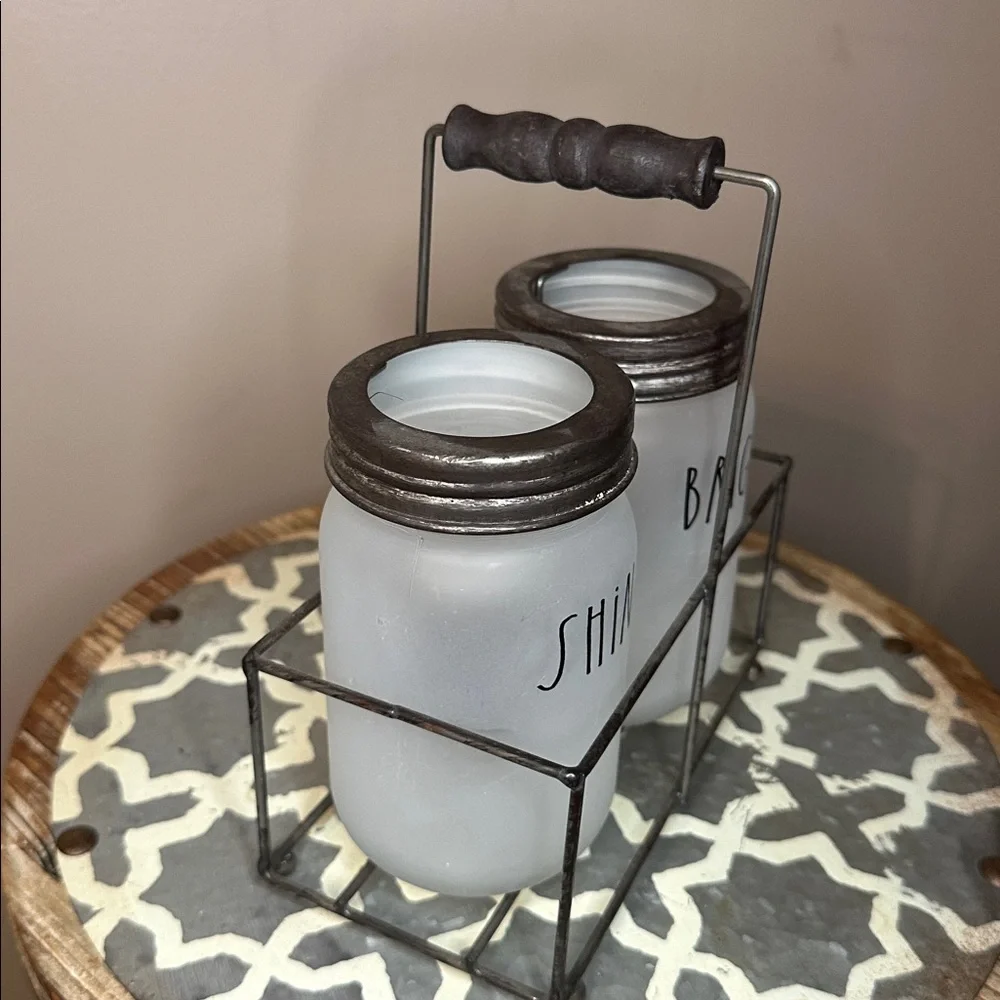 RAE DUNN Shine Bright Mason Jars Set Tea Light Holders Carrier Caddy Frosted - Picture 2 of 5